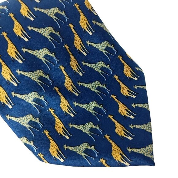 Parquet Giraffe Zoo Animal Print Blue Gold Novelty Necktie - Picture 3 of 8
